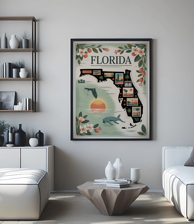Florida map art print with vintage travel scenes and a sunset over the water.
