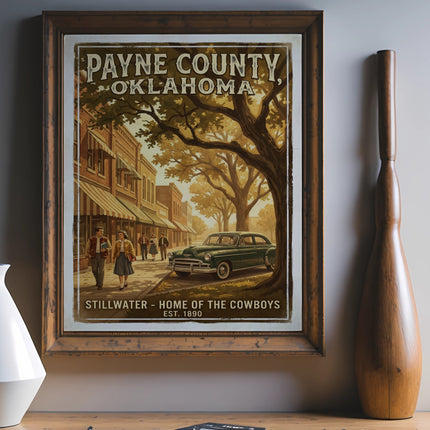 Retro poster for Payne County, Oklahoma featuring Stillwater and a vintage car.