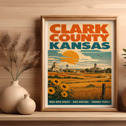 Clark County Kansas poster with sunflowers, rural landscape, and text.