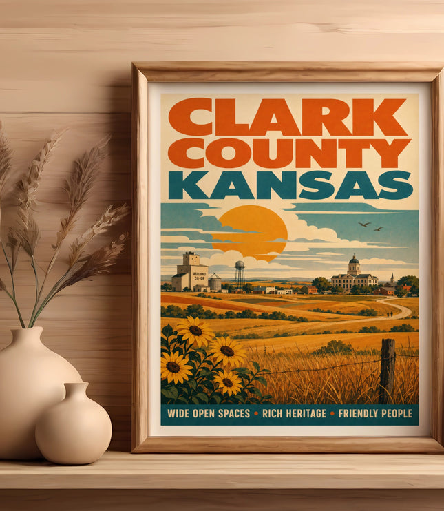 Clark County Kansas poster with sunflowers, rural landscape, and text.