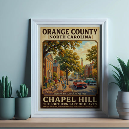 Orange County North Carolina Chapel Hill vintage travel poster with cars and people.