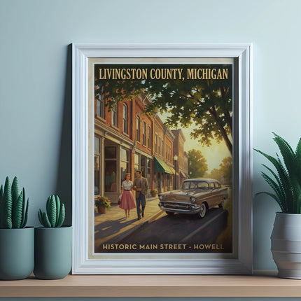 Vintage poster of Livingston County, Michigan historic main street, Howell, with couple and classic car.