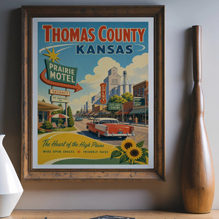 Thomas County Kansas vintage travel poster with Prairie Motel and sunflowers.