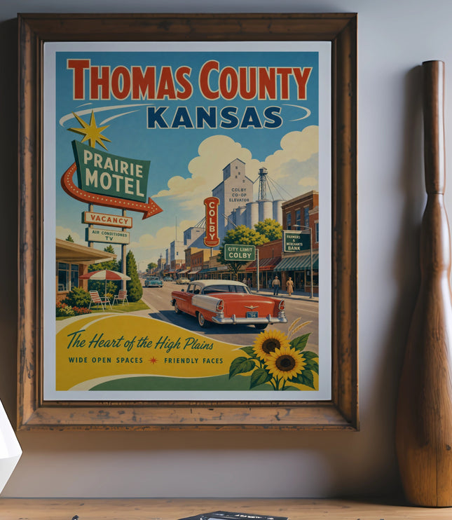 Thomas County Kansas vintage travel poster with Prairie Motel and sunflowers.