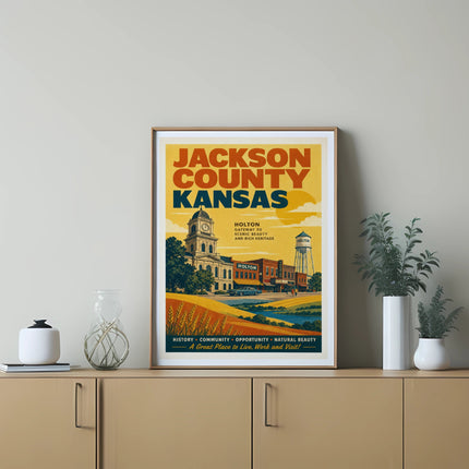 Jackson County, Kansas poster with Holton, gateway to scenic beauty and rich heritage.