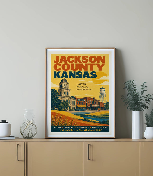 Jackson County, Kansas poster with Holton, gateway to scenic beauty and rich heritage.