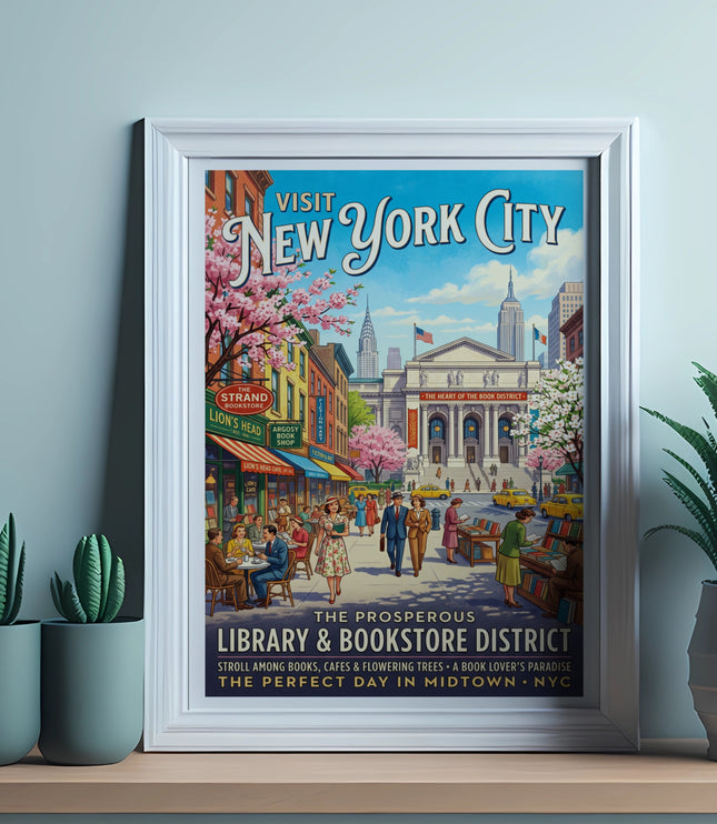 Visit New York City Library & Bookstore District poster with cherry blossoms and city landmarks.