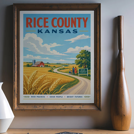 Vintage travel poster for Rice County, Kansas featuring a farm and wheat fields.