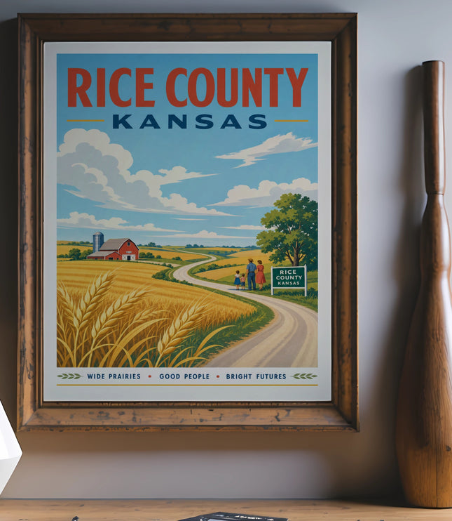Vintage travel poster for Rice County, Kansas featuring a farm and wheat fields.