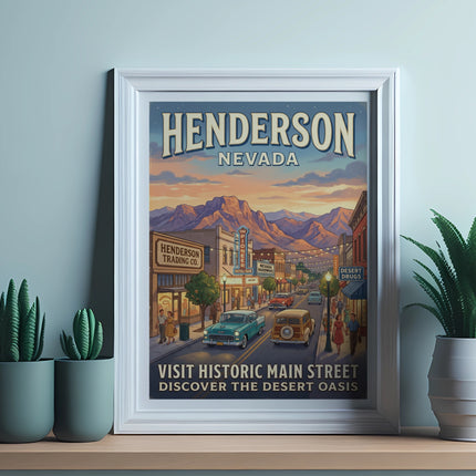 Henderson, Nevada vintage poster depicting Main Street scene with text.