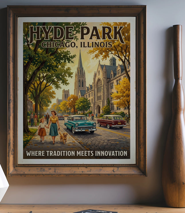Vintage Hyde Park Chicago poster with a mother, daughter, and dog walking by vintage cars.