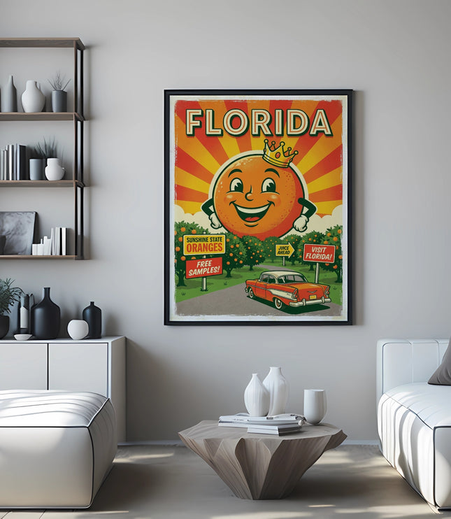 Vintage Florida poster with a cheerful orange and a classic car.