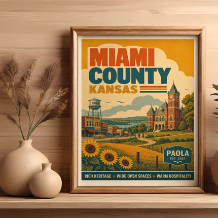 Miami County, Kansas, Paola poster with sunflowers and buildings.