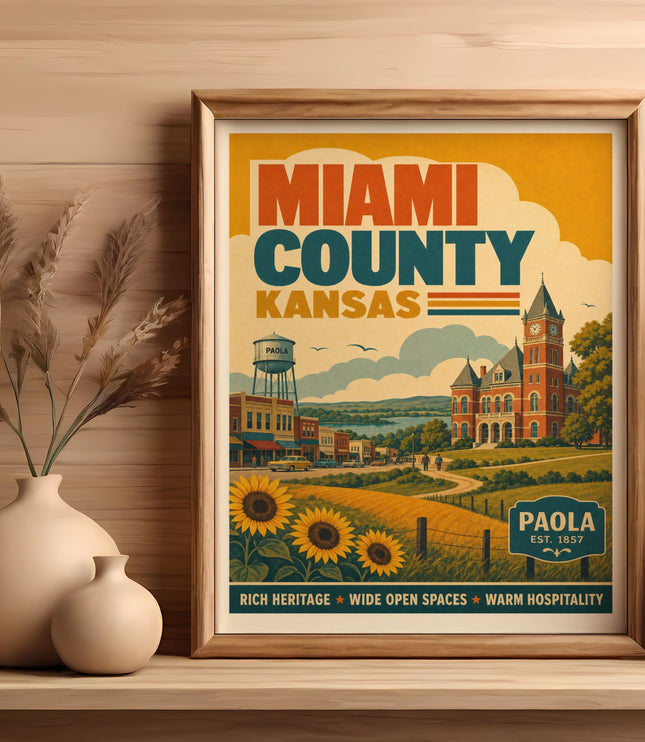 Miami County, Kansas, Paola poster with sunflowers and buildings.