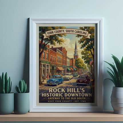 Vintage poster of Rock Hill's Historic Downtown, South Carolina, featuring classic cars and buildings.