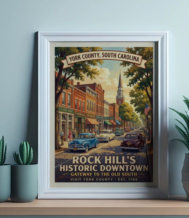Vintage poster of Rock Hill's Historic Downtown, South Carolina, featuring classic cars and buildings.