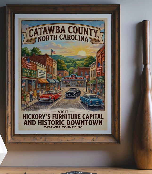 Vintage poster of Catawba County, North Carolina, advertising Hickory's furniture capital and downtown.