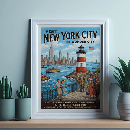 Vintage travel poster of New York City with Governors Island Lighthouse.