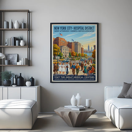 Vintage poster of New York City Hospital District with people and medical buildings.