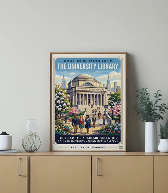 Vintage poster of Columbia University Library and cityscape, "The City of Learning."