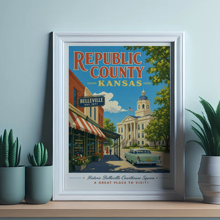 Vintage poster of Belleville, Kansas courthouse square with classic car.