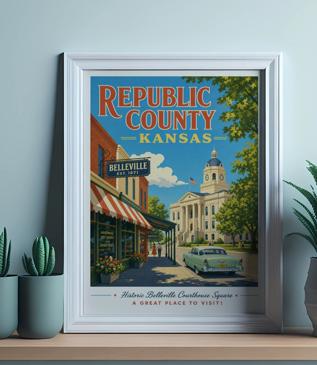 Vintage poster of Belleville, Kansas courthouse square with classic car.