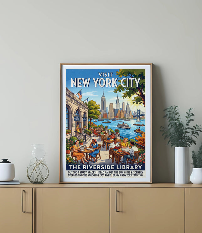 Vintage "Visit New York City" poster featuring the Riverside Library and Manhattan skyline.