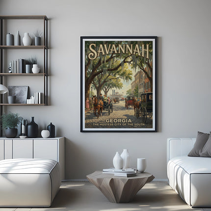 Vintage Savannah, Georgia travel poster with horse-drawn carriages on a tree-lined street.