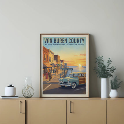 Retro poster of South Haven Harbor with a woody wagon and sunset.