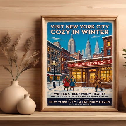 Vintage New York City winter travel poster for Village Bistro & Café.