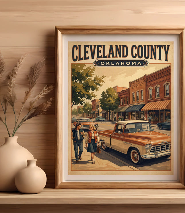 Cleveland County Oklahoma vintage poster with orange truck and couple on sidewalk.