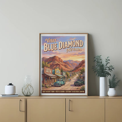 Vintage poster advertising Blue Diamond, Nevada, with desert scenery and buildings.