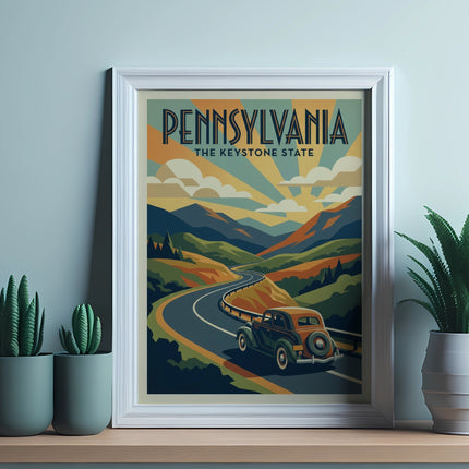 Vintage Pennsylvania road trip poster with a car driving on a winding road.