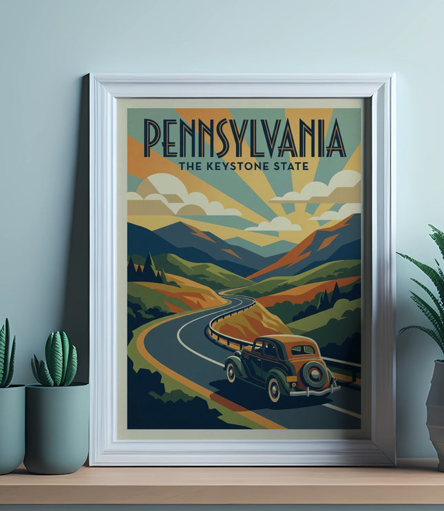 Vintage Pennsylvania road trip poster with a car driving on a winding road.