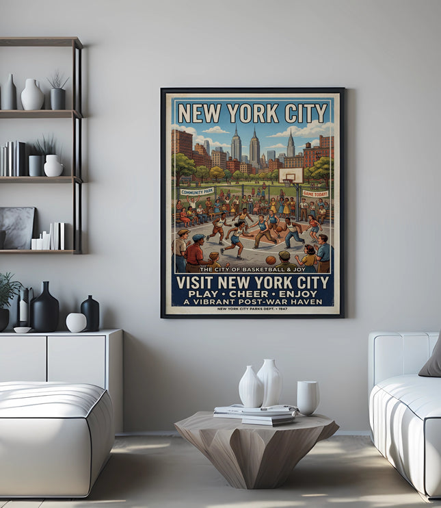 Vintage "Visit New York City" poster featuring a basketball game in a park.