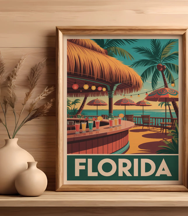 Framed artwork depicts a tropical beach bar scene with the word "FLORIDA" at the bottom.