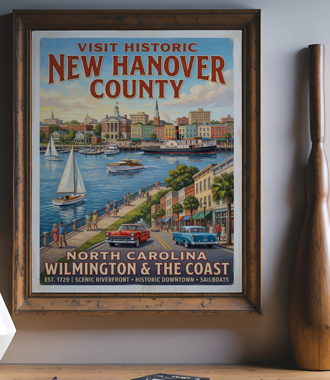New Hanover County, Wilmington, North Carolina vintage travel poster with sailboats and cityscape.