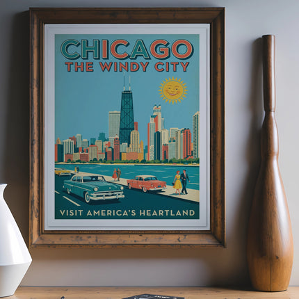 Chicago The Windy City vintage travel poster with skyline and cars.