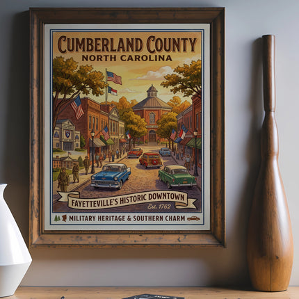 Cumberland County North Carolina vintage poster depicting Fayetteville's historic downtown.