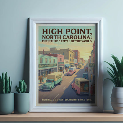 Vintage poster of High Point, NC, showing a street scene with delivery trucks and shops.