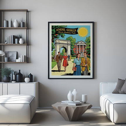 Vintage poster of Athens, Georgia showing students and buildings with a sun icon.