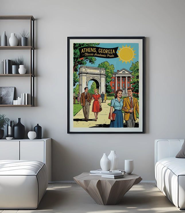 Vintage poster of Athens, Georgia showing students and buildings with a sun icon.