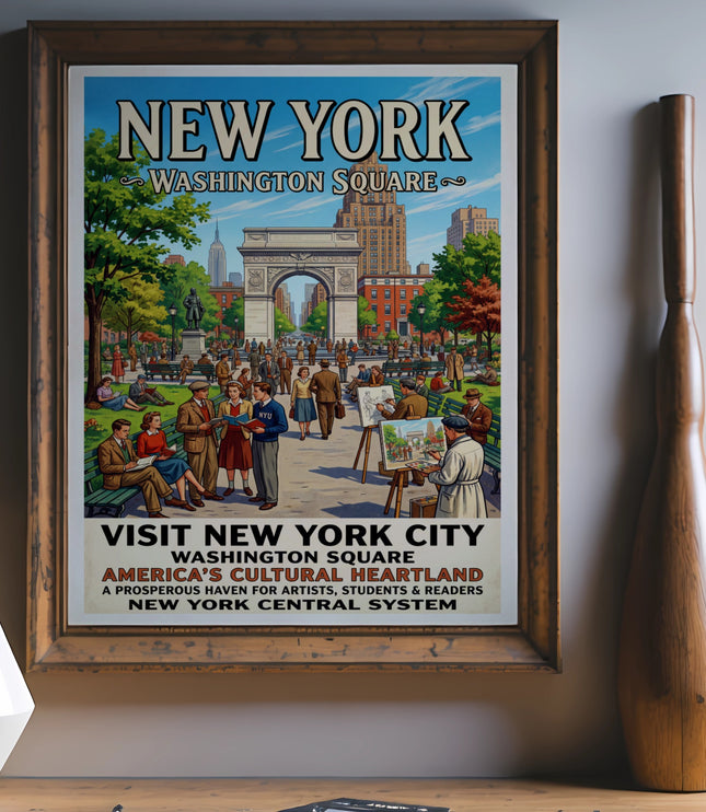 Vintage "Visit New York City Washington Square" poster with arch, buildings, and people.