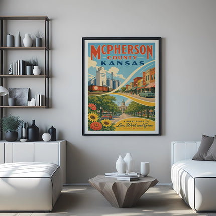 McPherson County, Kansas vintage travel poster with town scene.
