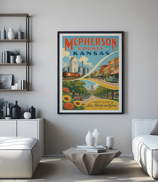 McPherson County, Kansas vintage travel poster with town scene.
