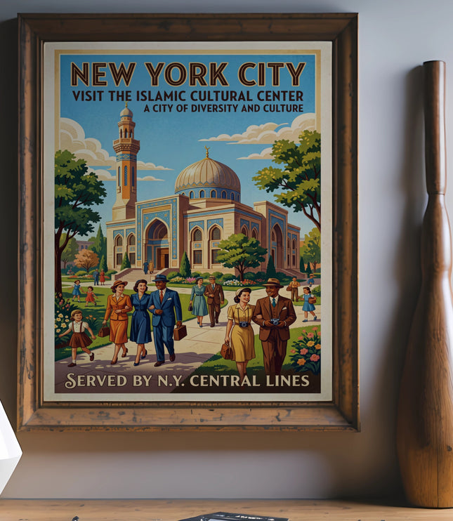 New York City travel poster featuring the Islamic Cultural Center and people walking, text reads "Served by N.Y. Central Lines."