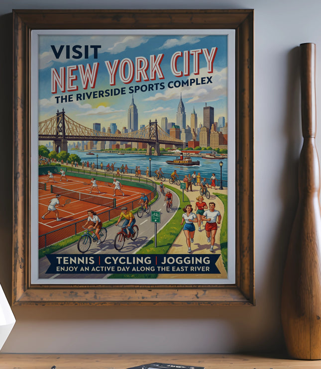 Vintage poster for New York City's Riverside Sports Complex showcasing tennis, cycling, and jogging.
