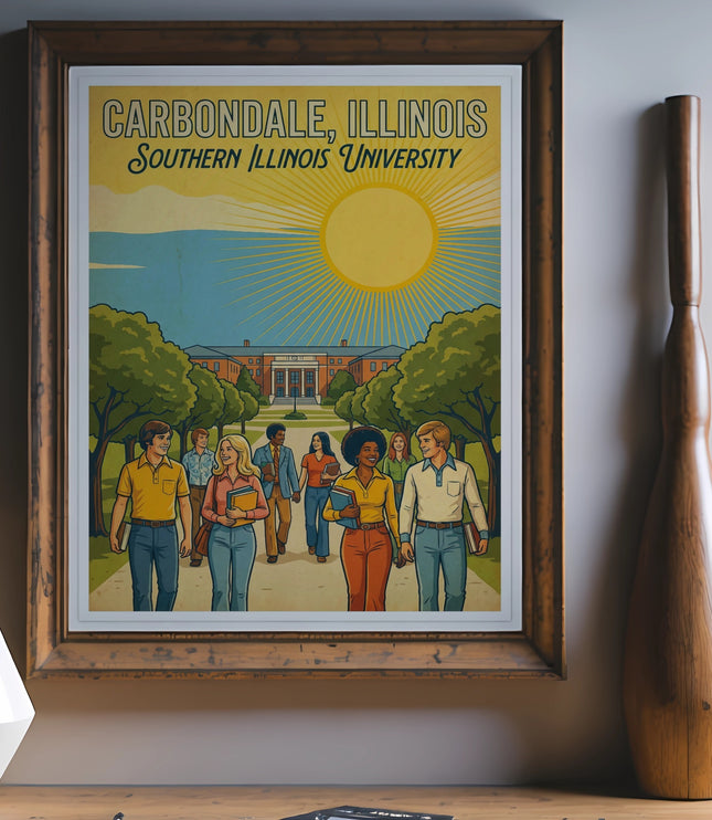 Carbondale, Illinois Southern Illinois University vintage poster with students walking.