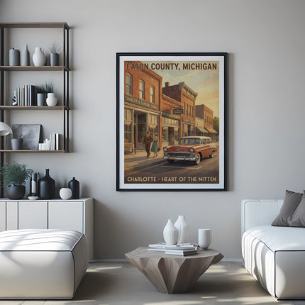 Vintage Eaton County, Michigan poster with a classic car and town scene.