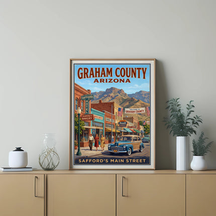 Vintage poster of Graham County, Arizona main street with shops and people.